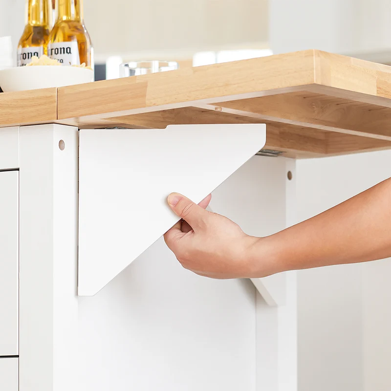 SoBuy KNL06-WN Placard ilot Central de Cuisine avec Plan de Travail Extensible en Bois d'hévéa, 2 Portes, 2 Tiroirs