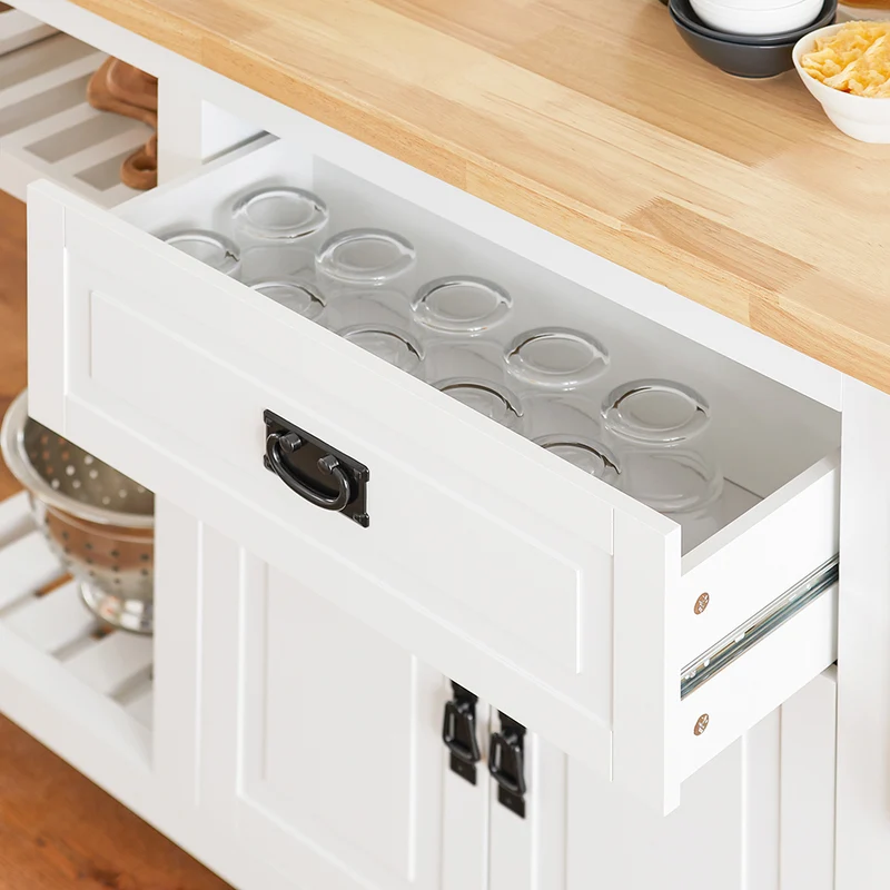 SoBuy KNL06-WN Placard ilot Central de Cuisine avec Plan de Travail Extensible en Bois d'hévéa, 2 Portes, 2 Tiroirs