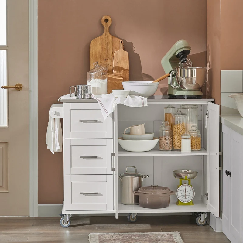 SoBuy FKW30-II-W Desserte sur roulettes, Meuble Chariot de Cuisine de Service Roulant avec 3 tiroir et 1 Grande Armoire de Rangement, Plateau en Acier