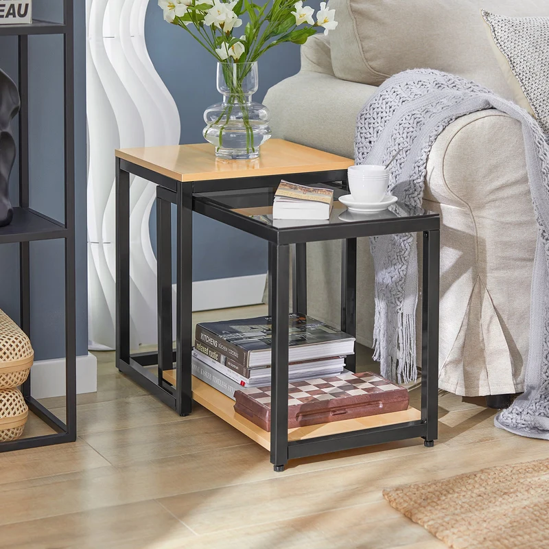 SoBuy FBT35-Sch Lot de 2 Tables Basses Gigognes Design Industriel Encastrable, Tables d’Appoint Empilable, Bouts de Canapé pour Salon