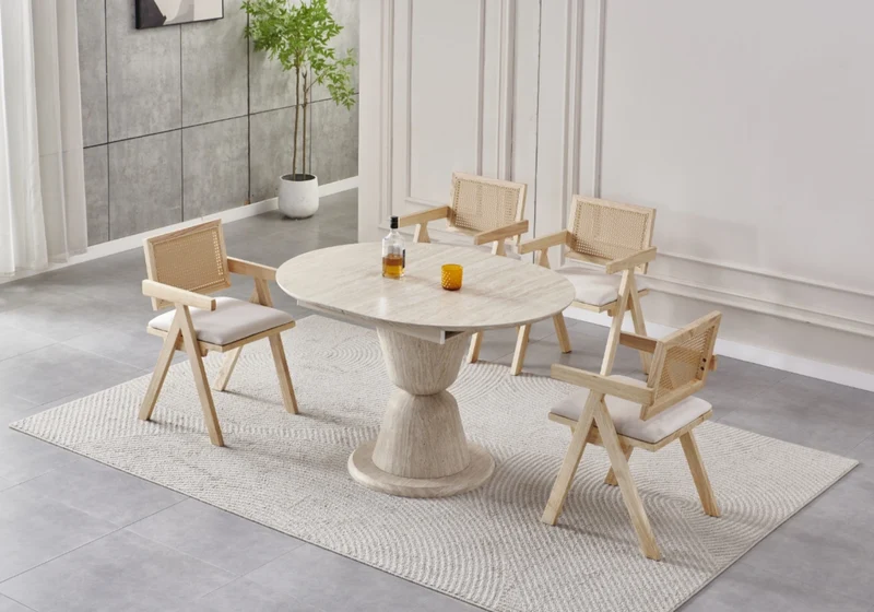 Table à manger ronde extensible céramique travertin - Pietra