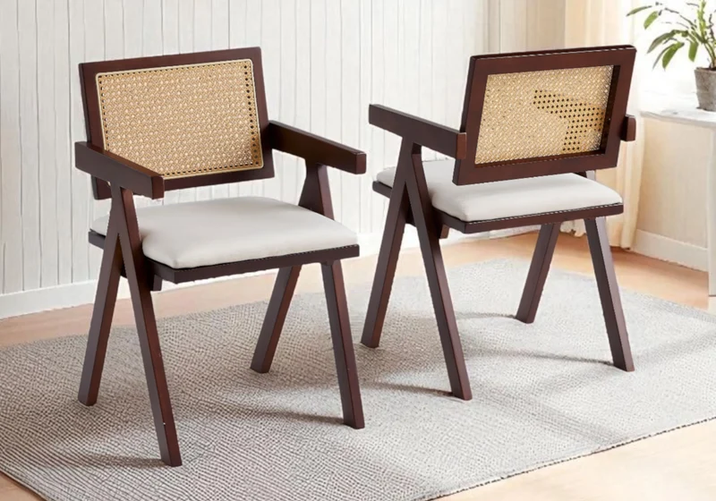 Ensemble table travertin et chaises noyer cannage - Monza