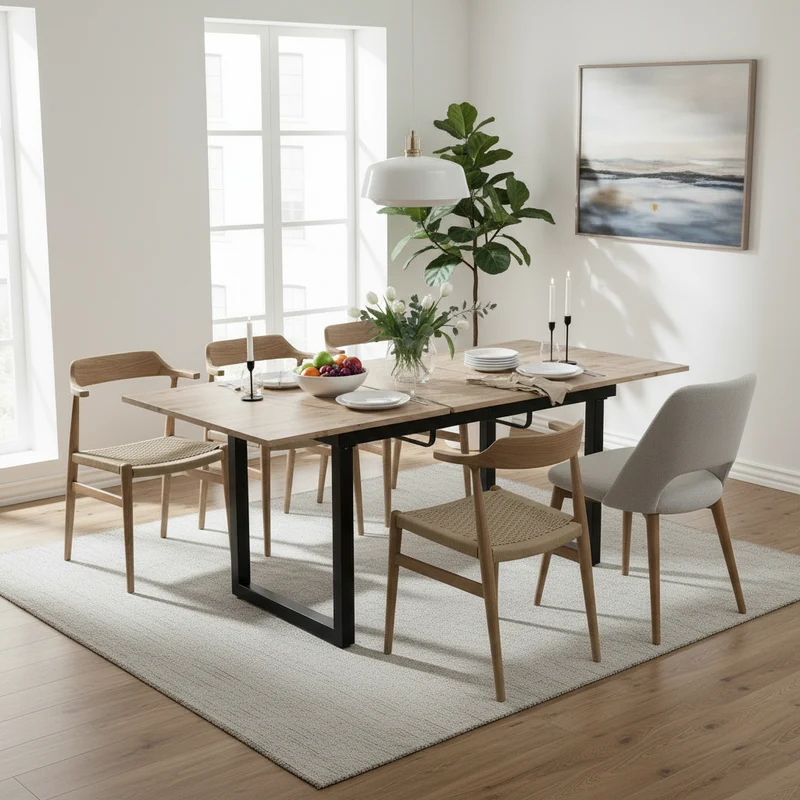 Table de salle à manger extensible rétro en bois avec structure en métal noir, style industriel