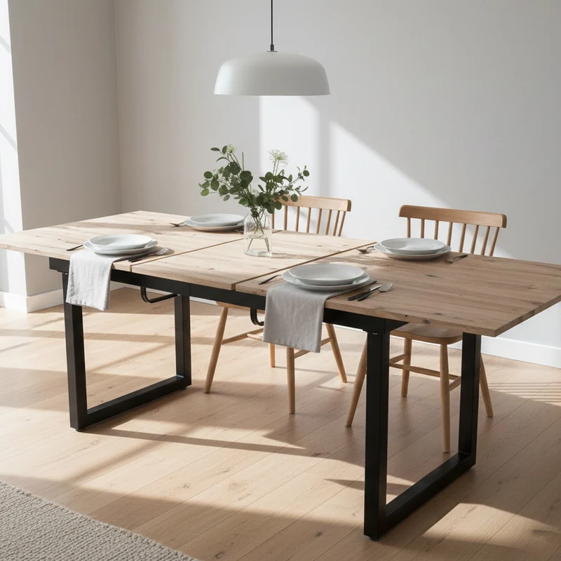 Table de salle à manger extensible rétro en bois avec structure en métal noir, style industriel