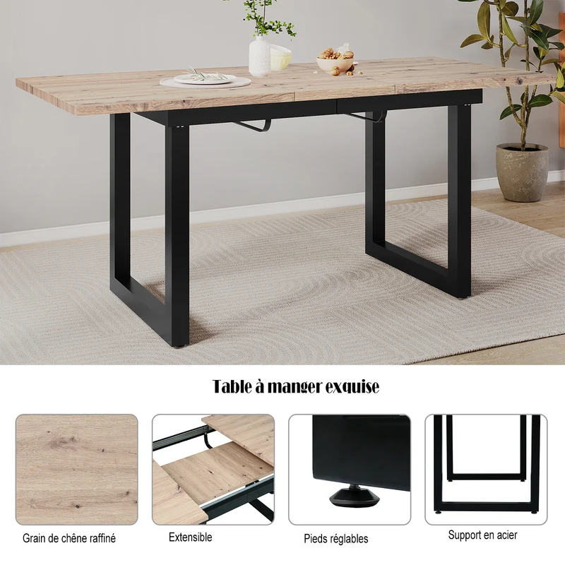 Table de salle à manger extensible rétro en bois avec structure en métal noir, style industriel