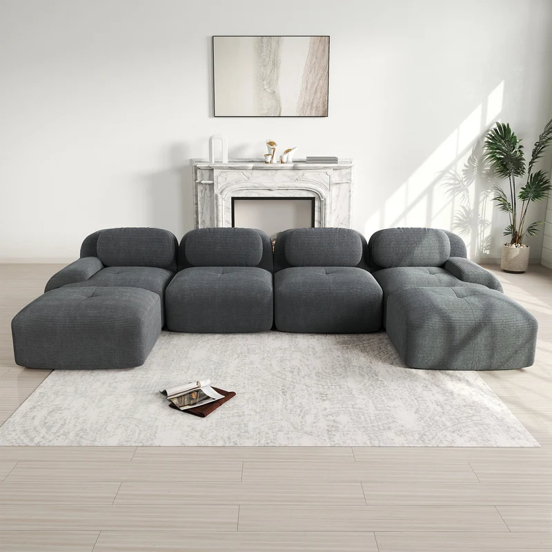 Ensemble de canapés avec accoudoirs incurvés et base antidérapante en tissu velours côtelé doux pour le salon, gris, siège 4+tabouret 2