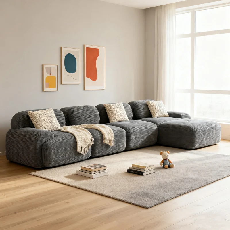 Ensemble de canapés avec accoudoirs incurvés et base antidérapante en tissu velours côtelé doux pour le salon, gris, siège 4+tabouret 1
