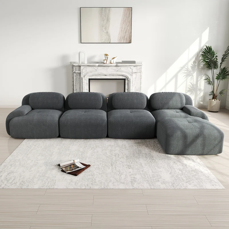 Ensemble de canapés avec accoudoirs incurvés et base antidérapante en tissu velours côtelé doux pour le salon, gris, siège 4+tabouret 1