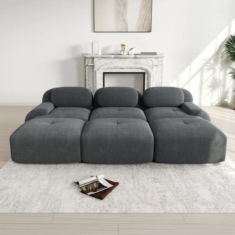Ensemble de canapés avec accoudoirs incurvés et base antidérapante en tissu velours côtelé doux pour le salon, gris, siège 3 + tabouret 3