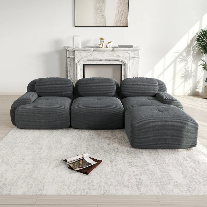 Ensemble de canapés avec accoudoirs incurvés et base antidérapante en tissu velours côtelé doux pour le salon, gris, siège 3 + tabouret 1