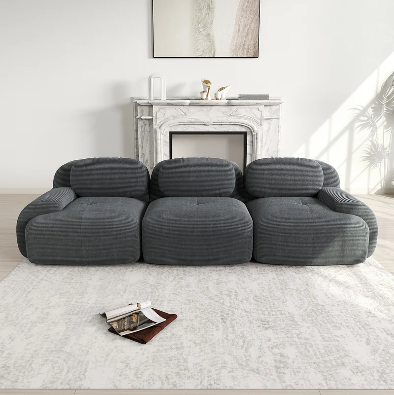 Ensemble de canapés avec accoudoirs incurvés et base antidérapante en tissu velours côtelé doux pour le salon, gris, siège 3