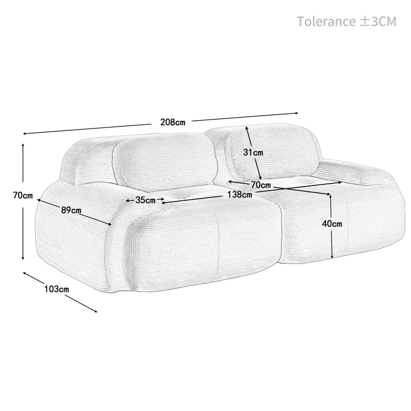 Ensemble de canapés avec accoudoirs incurvés et base antidérapante en tissu velours côtelé doux pour le salon, gris, siège 2
