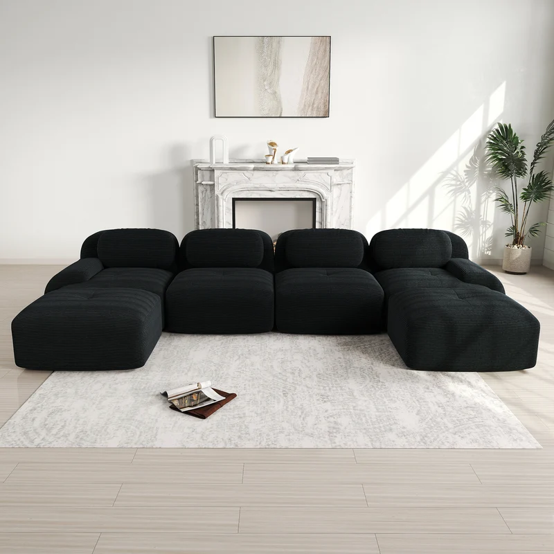 Ensemble de canapés avec accoudoirs incurvés et base antidérapante en tissu velours côtelé doux pour le salon, noir, siège 4+tabouret 2