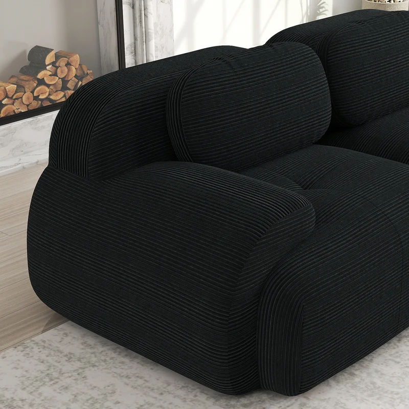 Ensemble de canapés avec accoudoirs incurvés et base antidérapante en tissu velours côtelé doux pour le salon, noir, siège 3 + tabouret 3