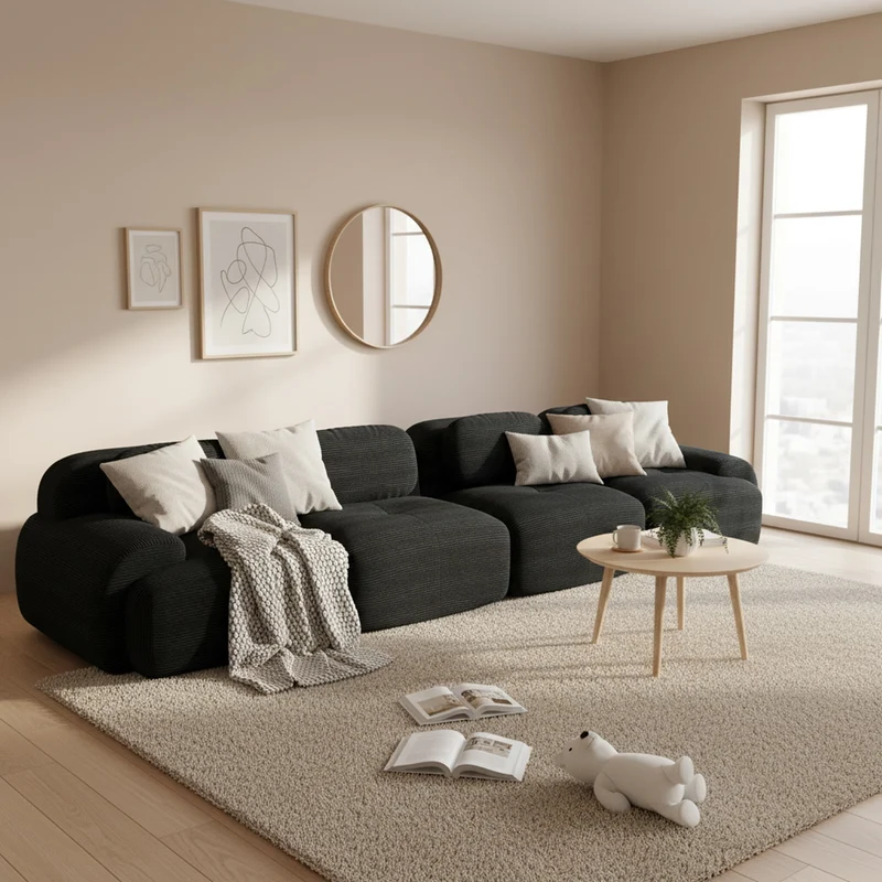 Ensemble de canapés avec accoudoirs incurvés et base antidérapante en tissu velours côtelé doux pour le salon, noir, siège 4