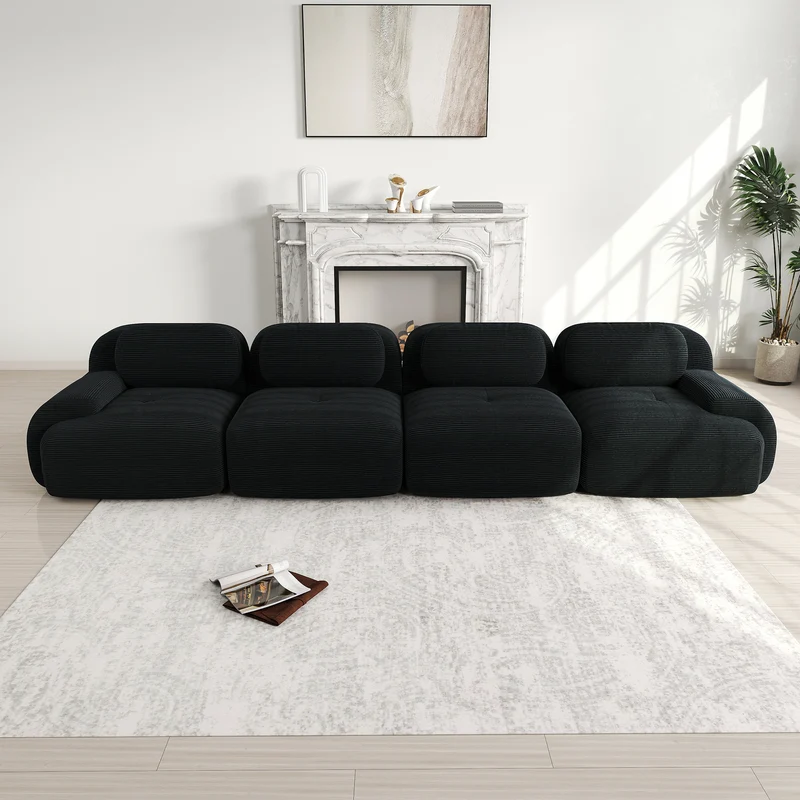 Ensemble de canapés avec accoudoirs incurvés et base antidérapante en tissu velours côtelé doux pour le salon, noir, siège 4