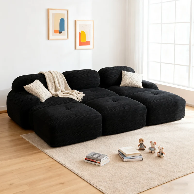 Ensemble de canapés avec accoudoirs incurvés et base antidérapante en tissu velours côtelé doux pour le salon, noir, siège 3 + tabouret 3