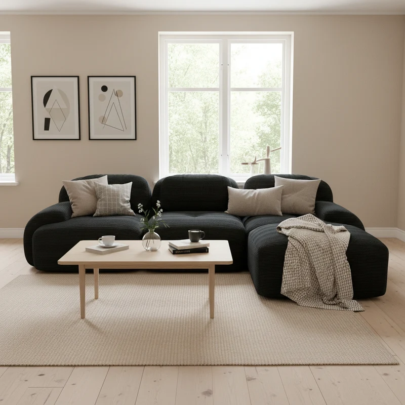 Ensemble de canapés avec accoudoirs incurvés et base antidérapante en tissu velours côtelé doux pour le salon, noir, siège 3 + tabouret 1