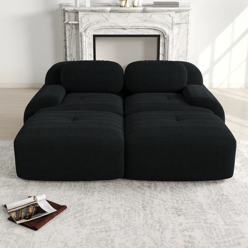 Ensemble de canapés avec accoudoirs incurvés et base antidérapante en tissu velours côtelé doux pour le salon, noir, siège 2 + tabouret 2