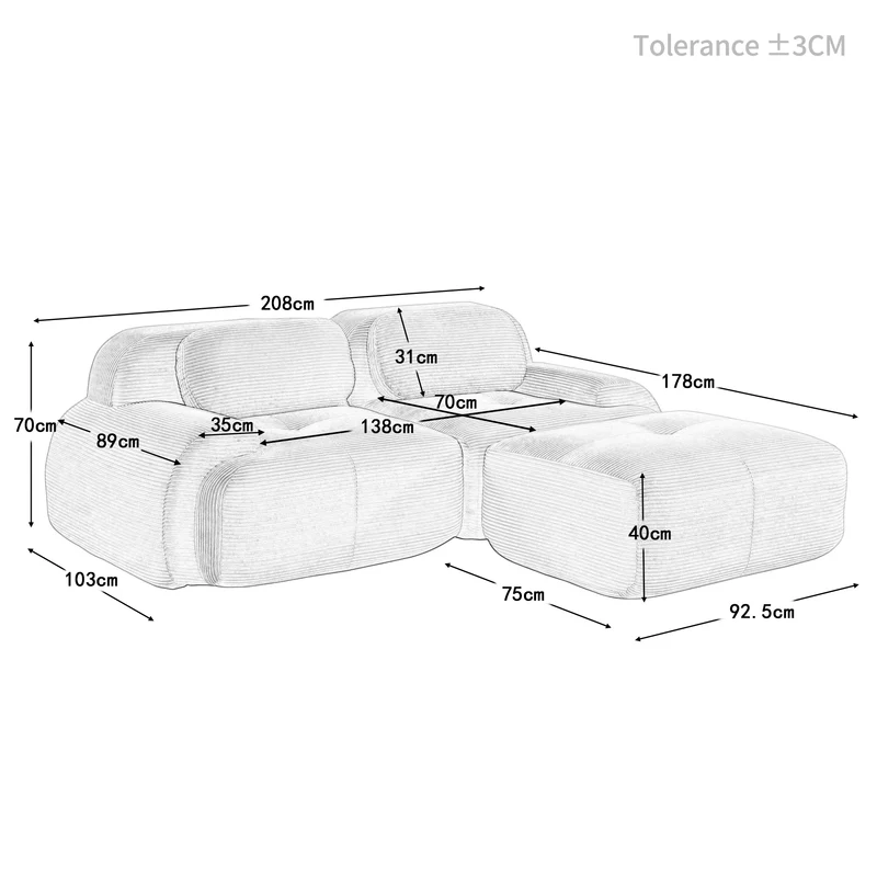 Ensemble de canapés avec accoudoirs incurvés et base antidérapante en tissu velours côtelé doux pour le salon, noir, siège 2 + tabouret 1