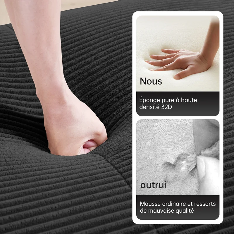 Ensemble de canapés avec accoudoirs incurvés et base antidérapante en tissu velours côtelé doux pour le salon, noir, siège 2