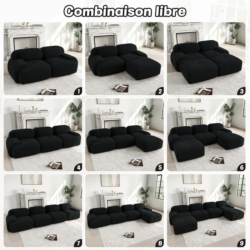 Ensemble de canapés avec accoudoirs incurvés et base antidérapante en tissu velours côtelé doux pour le salon, noir, siège 2