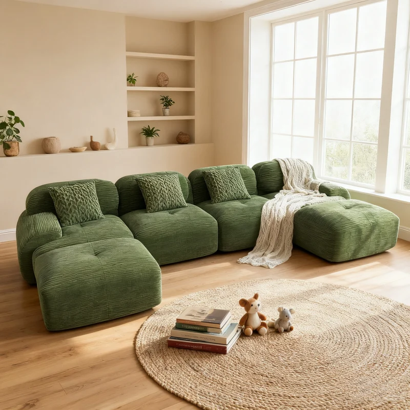 Ensemble de canapés avec accoudoirs incurvés et base antidérapante en tissu velours côtelé doux pour le salon, vert, siège 4+tabouret 2