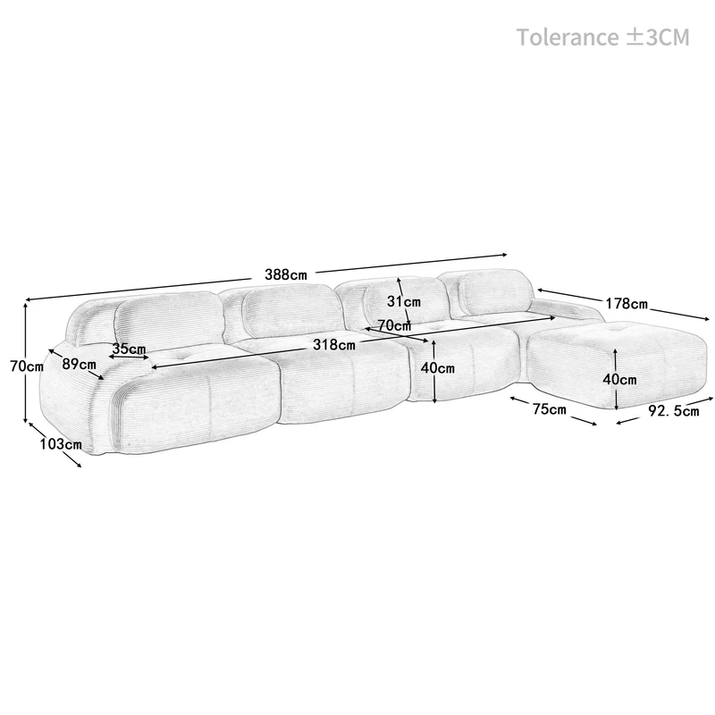 Ensemble de canapés avec accoudoirs incurvés et base antidérapante en tissu velours côtelé doux pour le salon, vert, siège 4+tabouret 1