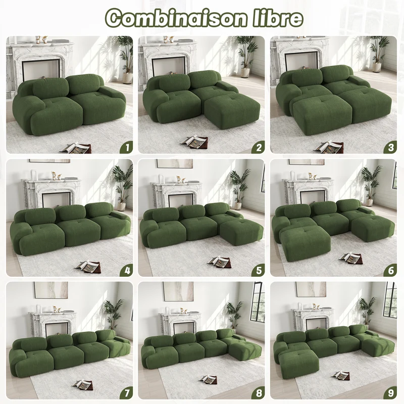 Ensemble de canapés avec accoudoirs incurvés et base antidérapante en tissu velours côtelé doux pour le salon, vert, siège 4+tabouret 1