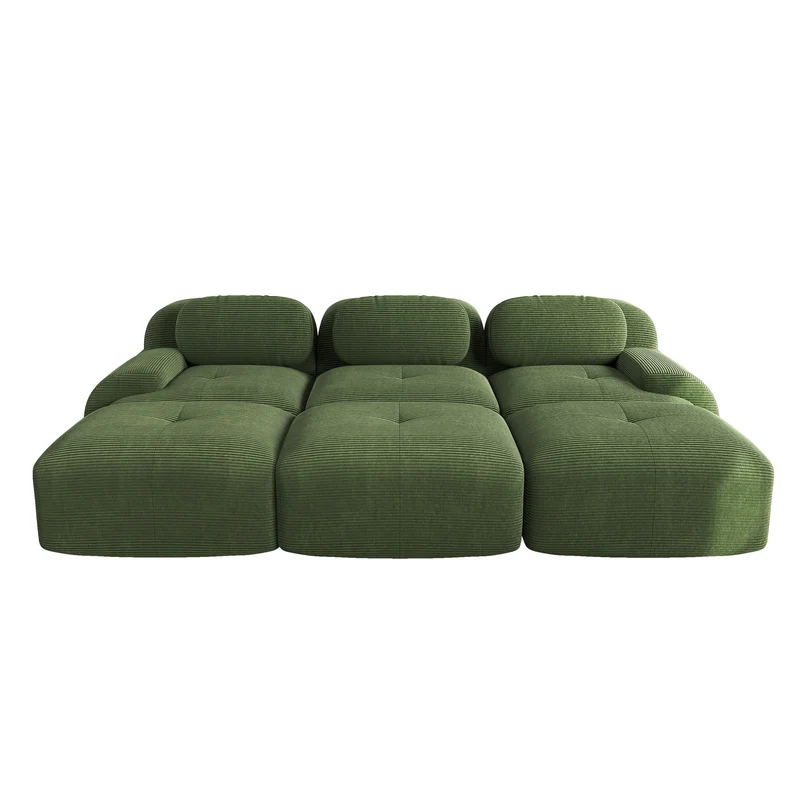 Ensemble de canapés avec accoudoirs incurvés et base antidérapante en tissu velours côtelé doux pour le salon, vert, siège 3 + tabouret 3