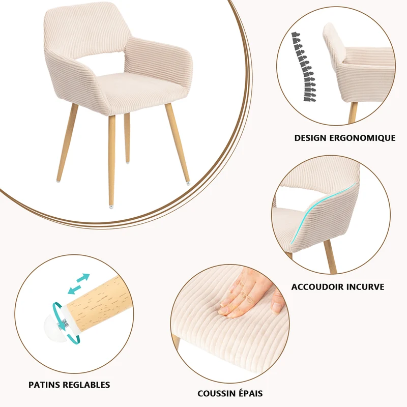 Lot de 4 fauteuils de salle à manger scandinaves avec accoudoirs en velours côtelé beige - CROMWELL CORDUROY