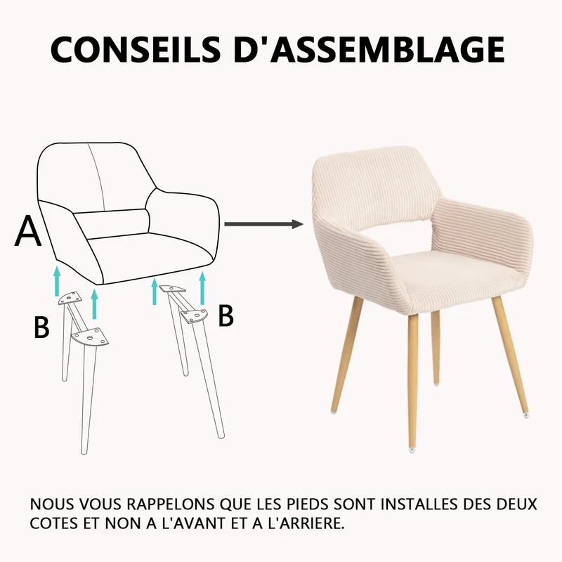 Lot de 4 fauteuils de salle à manger scandinaves avec accoudoirs en velours côtelé beige - CROMWELL CORDUROY