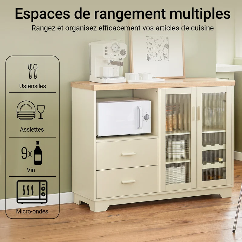 SoBuy FSB81-MI Buffet Cuisine avec Espace Micro-Ondes et Range-Bouteilles, pour Cuisine et Salle à Manger, Rangement Optimisé – L120×P40×H90 cm, Beige