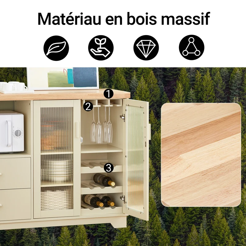SoBuy FSB81-MI Buffet Cuisine avec Espace Micro-Ondes et Range-Bouteilles, pour Cuisine et Salle à Manger, Rangement Optimisé – L120×P40×H90 cm, Beige