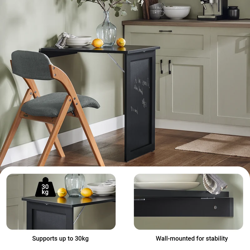 SoBuy FWT20-SCH Table Murale Rabattable à Manger Pliable avec Tableau Mémo Extensible Gain de Place pour Cuisine, Bureau et Petits Espaces Noire 50cm x 75cm x 76cm