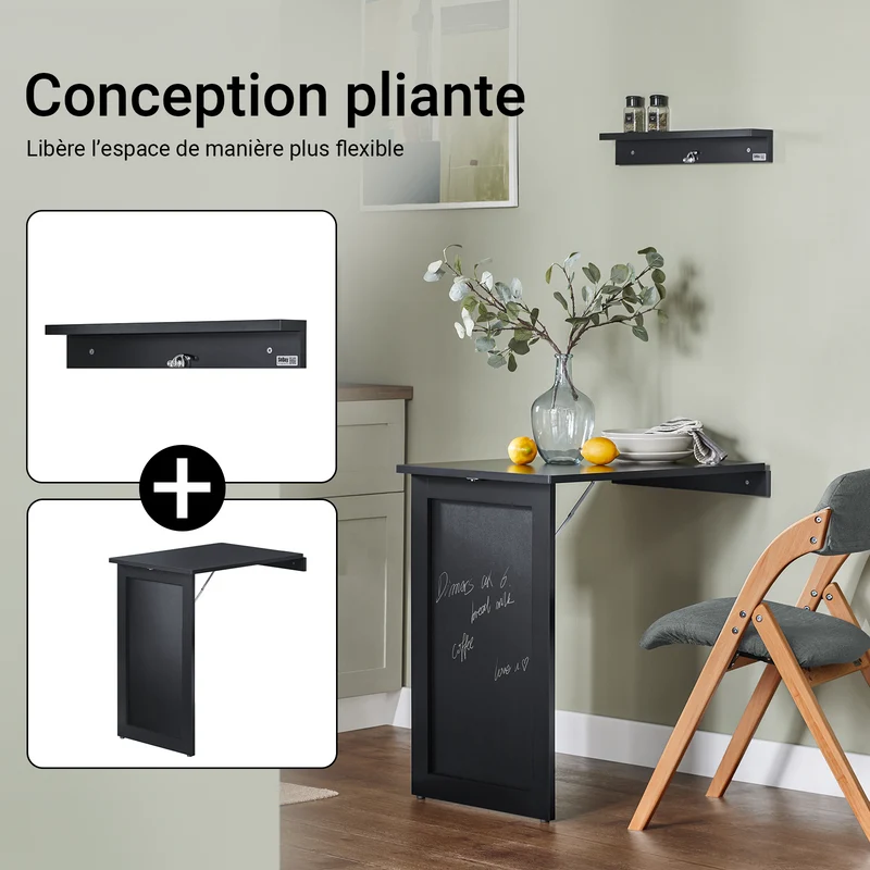 SoBuy FWT20-SCH Table Murale Rabattable à Manger Pliable avec Tableau Mémo Extensible Gain de Place pour Cuisine, Bureau et Petits Espaces Noire 50cm x 75cm x 76cm