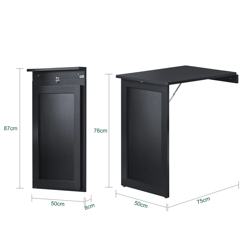 SoBuy FWT20-SCH Table Murale Rabattable à Manger Pliable avec Tableau Mémo Extensible Gain de Place pour Cuisine, Bureau et Petits Espaces Noire 50cm x 75cm x 76cm