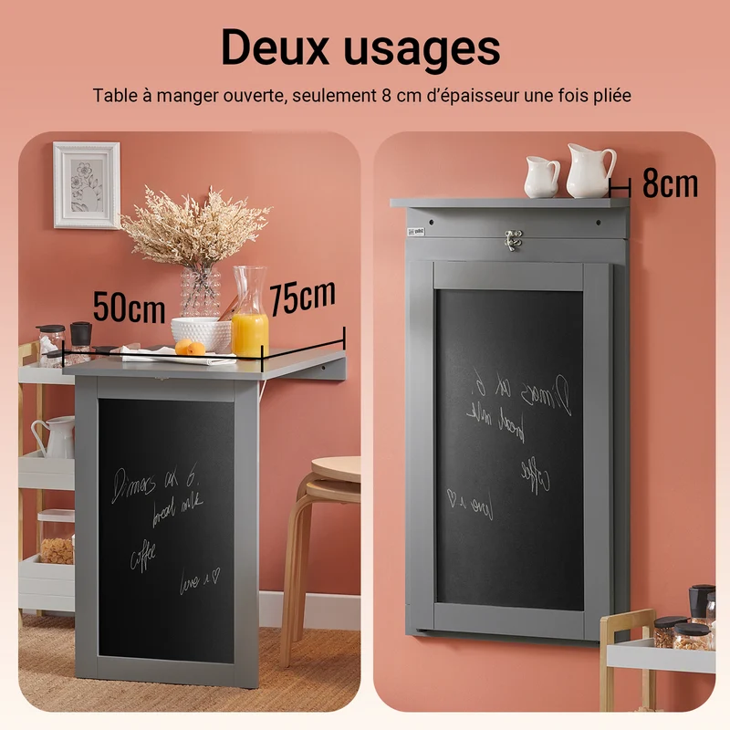 SoBuy FWT20-HG Table Murale Rabattable à Manger Pliable avec Tableau Mémo Extensible Gain de Place pour Cuisine, Bureau et Petits Espaces Gris 50cm x 75cm x 76cm