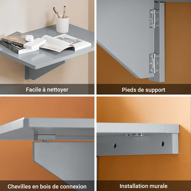 SoBuy FWT03-HG Table Murale Pliante, Table de Cuisine Extensible, Bureau Compact, Design Gain de Place, Idéale pour Petits Espaces, Cuisine, Bureau, Salle à Manger, 60x40cm Gris
