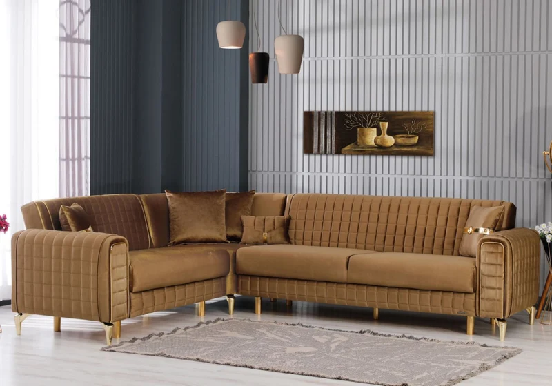 Canapé d'angle velours camel convertible coffre – ATLAS