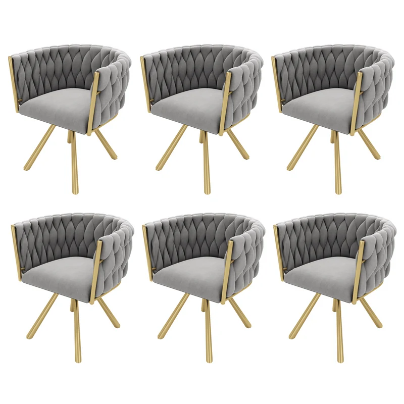 Lot de 6 chaises pivotantes de salle à manger en velours gris avec pieds en métal doré