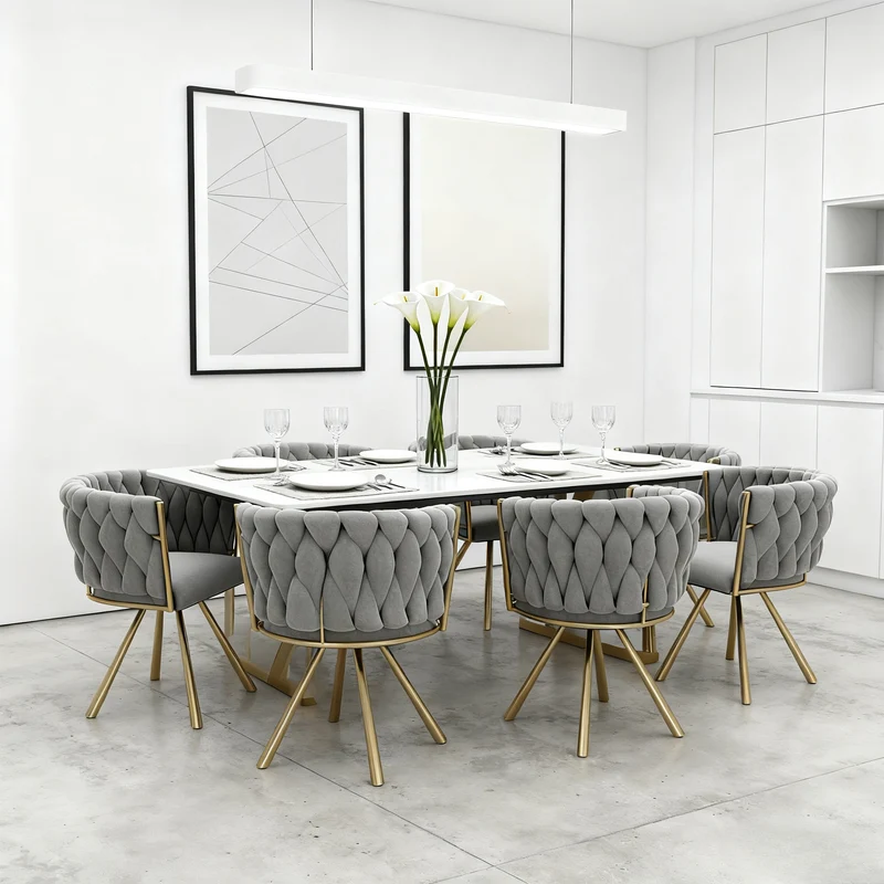 Lot de 6 chaises pivotantes de salle à manger en velours gris avec pieds en métal doré