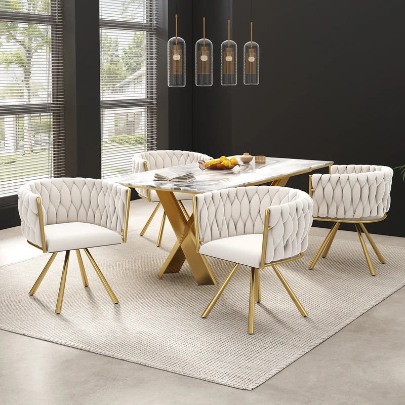 Lot de 6 chaises pivotantes de salle à manger en velours beige avec pieds en métal doré