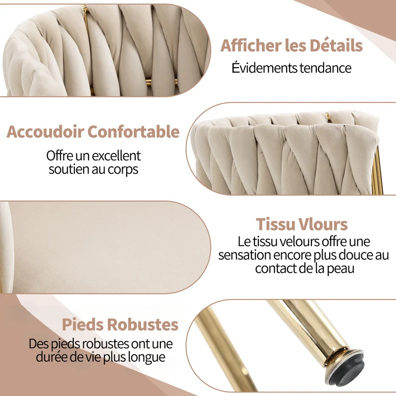 Lot de 2 Chaises en Velours Luxueuses Chaises à Dos Tressé avec Pieds Métal Doré pour Salon Chambre à Coucher Salle à Manger