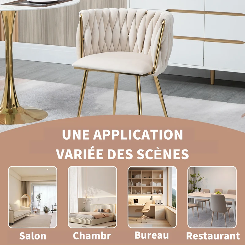 Lot de 2 Chaises en Velours Luxueuses Chaises à Dos Tressé avec Pieds Métal Doré pour Salon Chambre à Coucher Salle à Manger