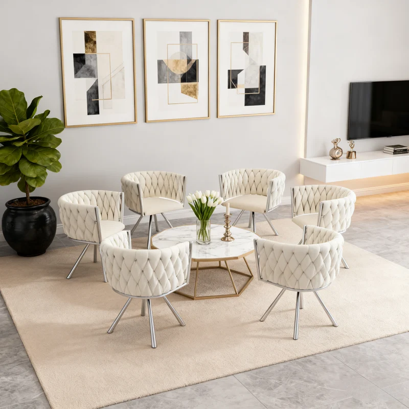 Lot de 6 chaises de salle à manger en velours Chaises pivotantes 360° luxueuses beige+argent avec pieds en métal pour salon et chambre à coucher