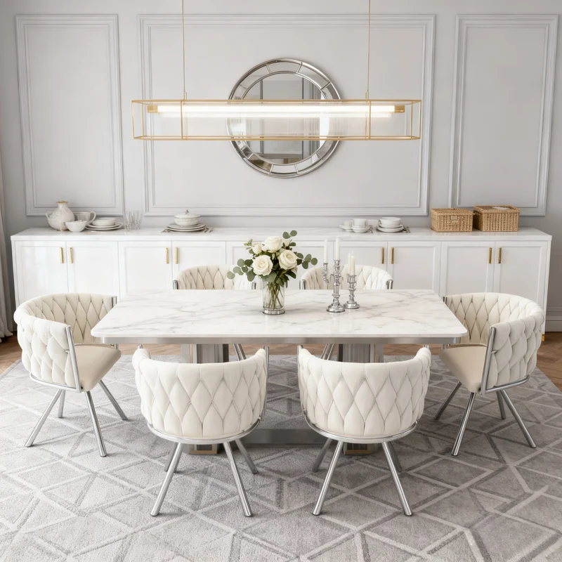Lot de 6 chaises de salle à manger en velours Chaises pivotantes 360° luxueuses beige+argent avec pieds en métal pour salon et chambre à coucher