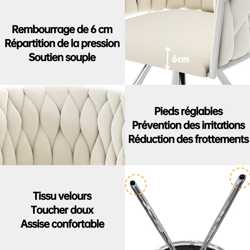 Lot de 4 chaises de salle à manger en velours Chaises pivotantes 360° luxueuses beige+argent avec pieds en métal pour salon et chambre à coucher