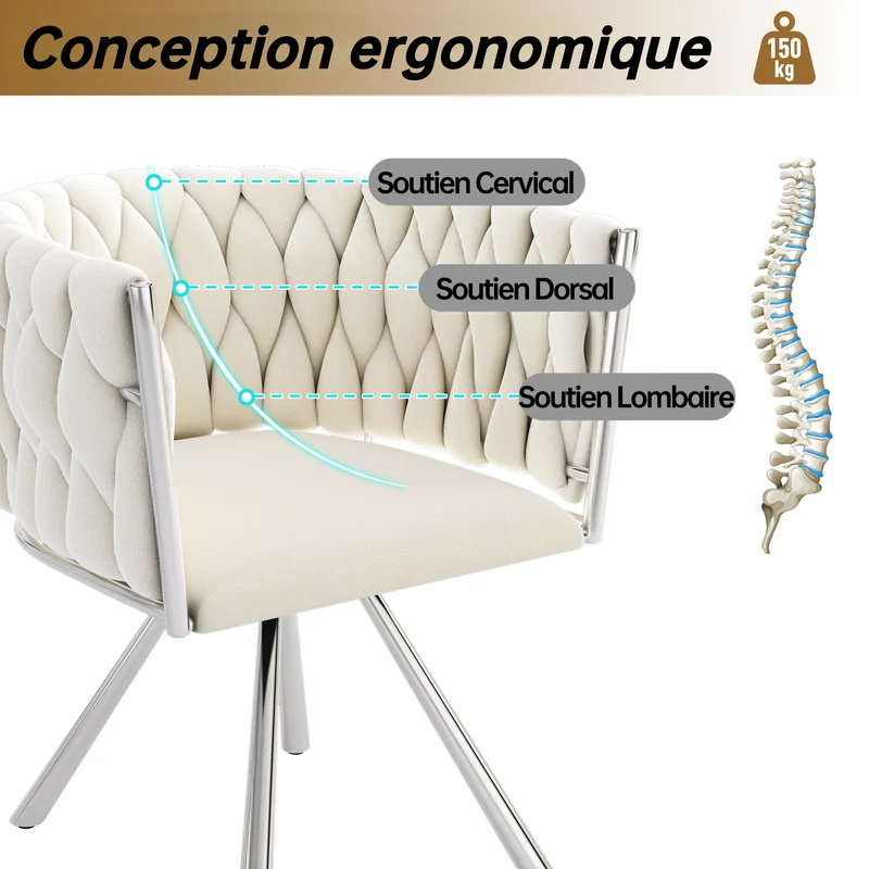 Lot de 4 chaises de salle à manger en velours Chaises pivotantes 360° luxueuses beige+argent avec pieds en métal pour salon et chambre à coucher