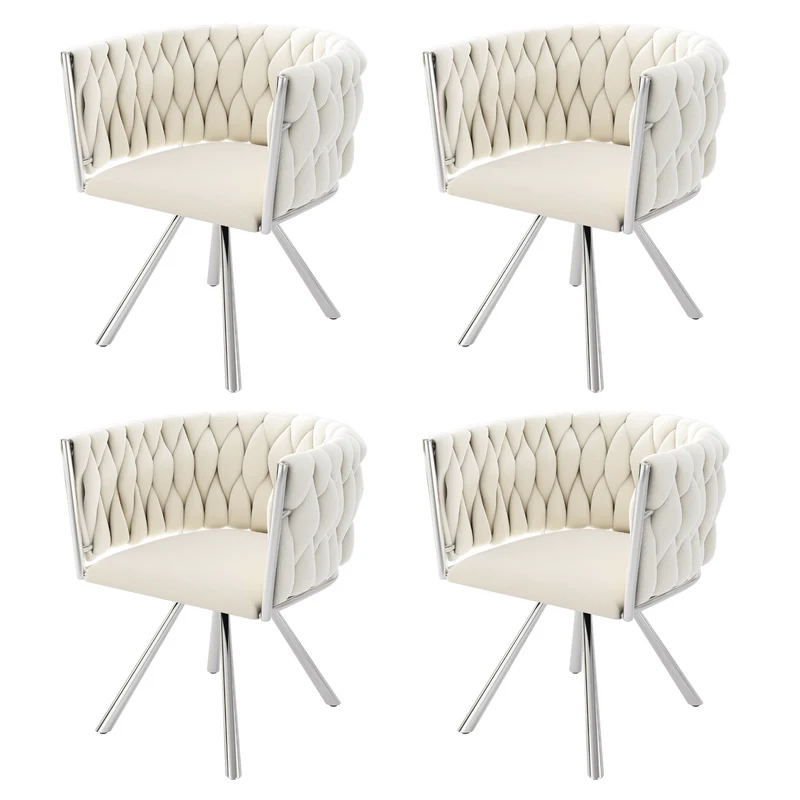 Lot de 4 chaises de salle à manger en velours Chaises pivotantes 360° luxueuses beige+argent avec pieds en métal pour salon et chambre à coucher